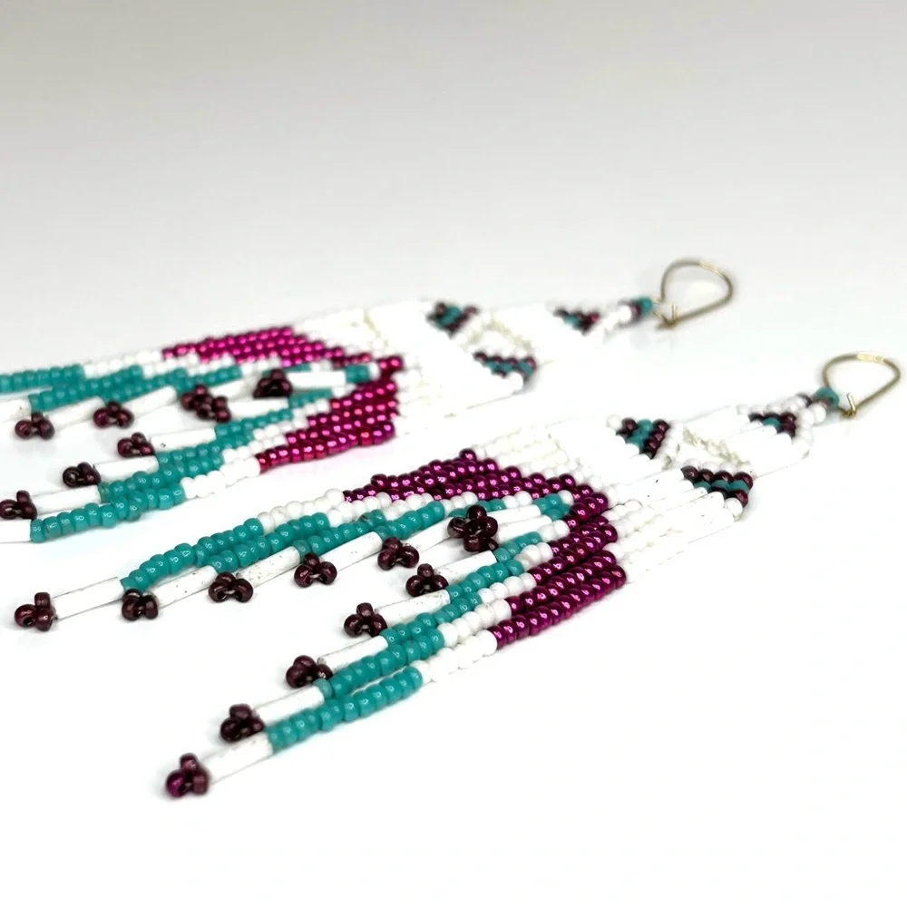Hand Made 4” Fringe Dangle Beaded Earrings - Picture 3 of 7